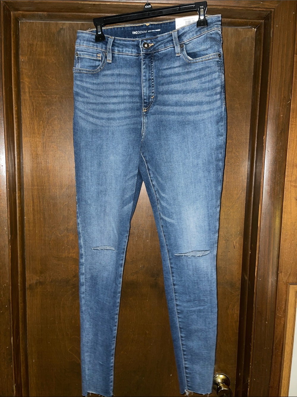 INC Denim Women’s Blue Skinny Jeans with Knee Distressing